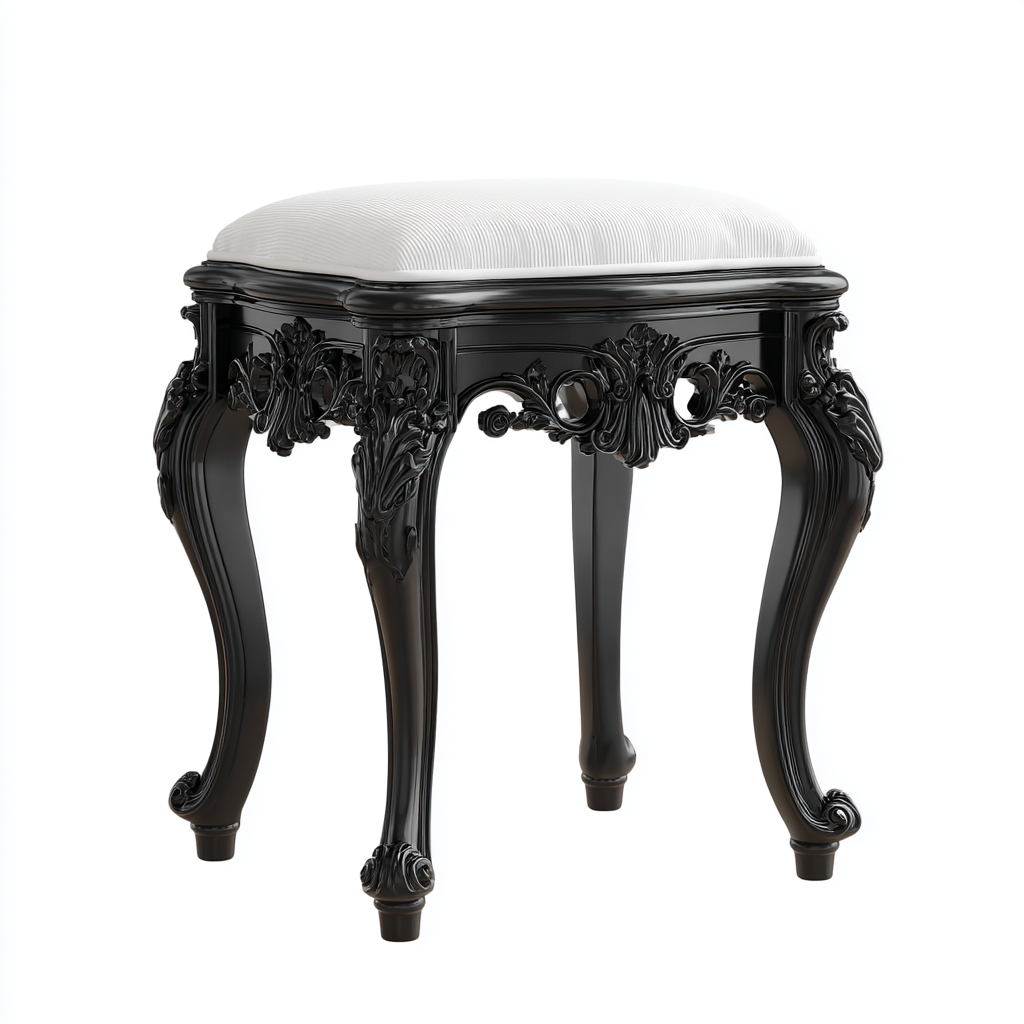 Tabouret baroque noir avec coussin blanc rembourré
