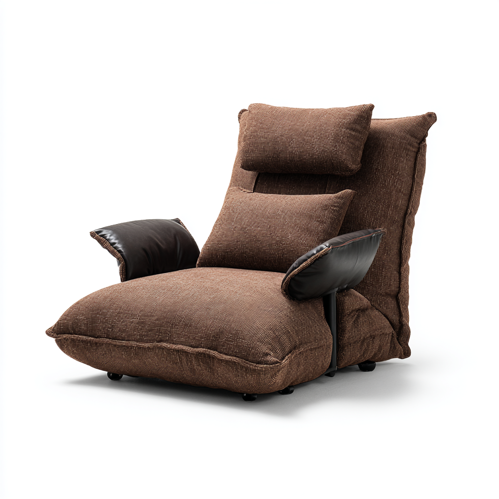 Chaise longue de sol rembourrée en tissu brun avec accoudoirs