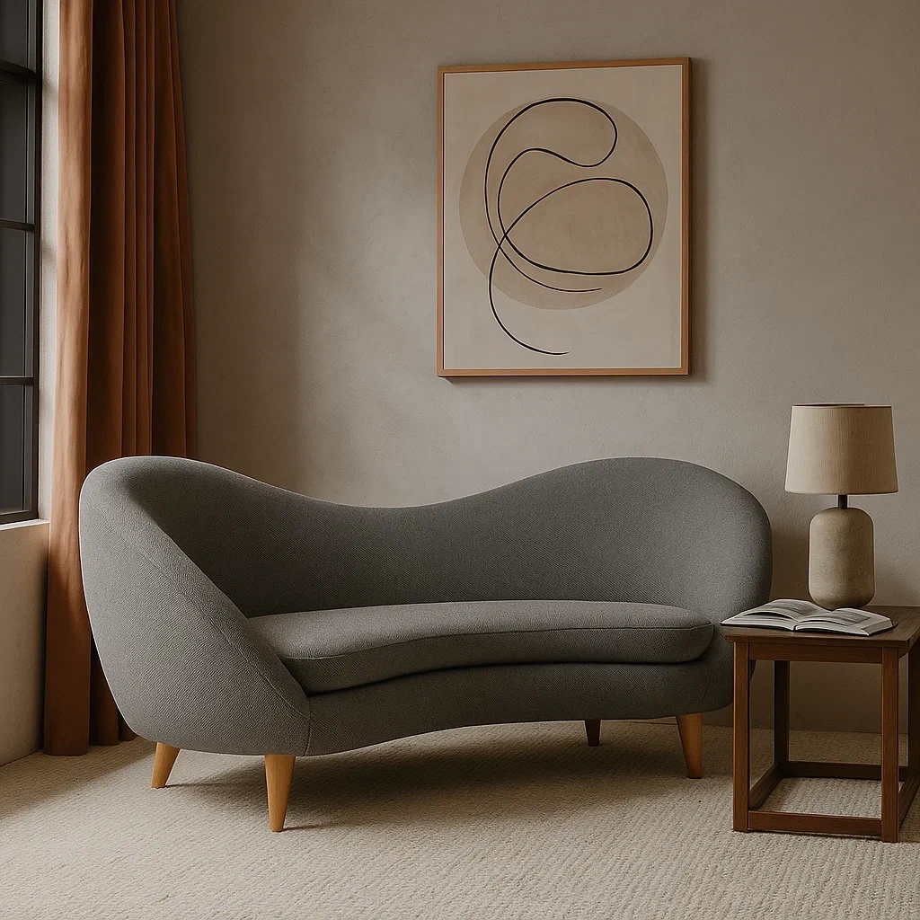 Canapé incurvé avec pieds en bois et tissu gris