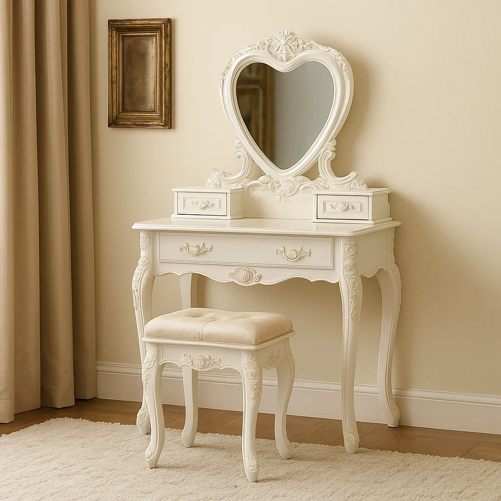 Coiffeuse de style français avec miroir en forme de cœur et tabouret assorti