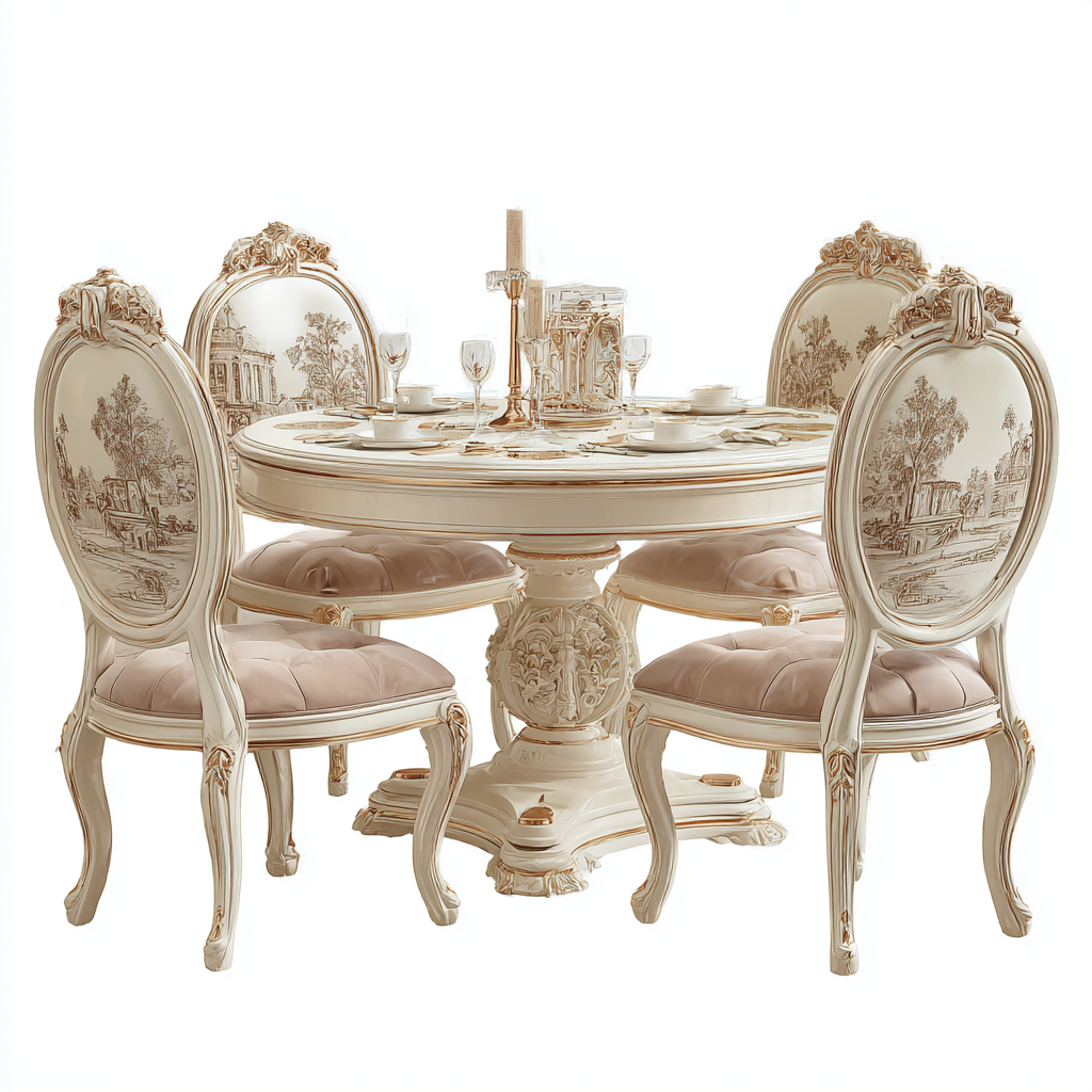 Ensemble de salle à manger ronde européenne avec 4 chaises sculptées