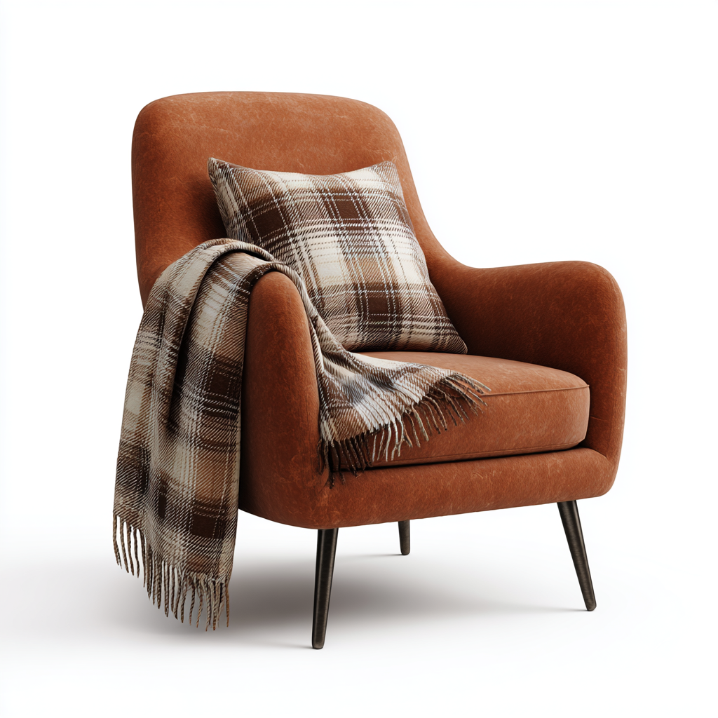 Fauteuil moderne en velours brun avec coussin et plaid décoratif
