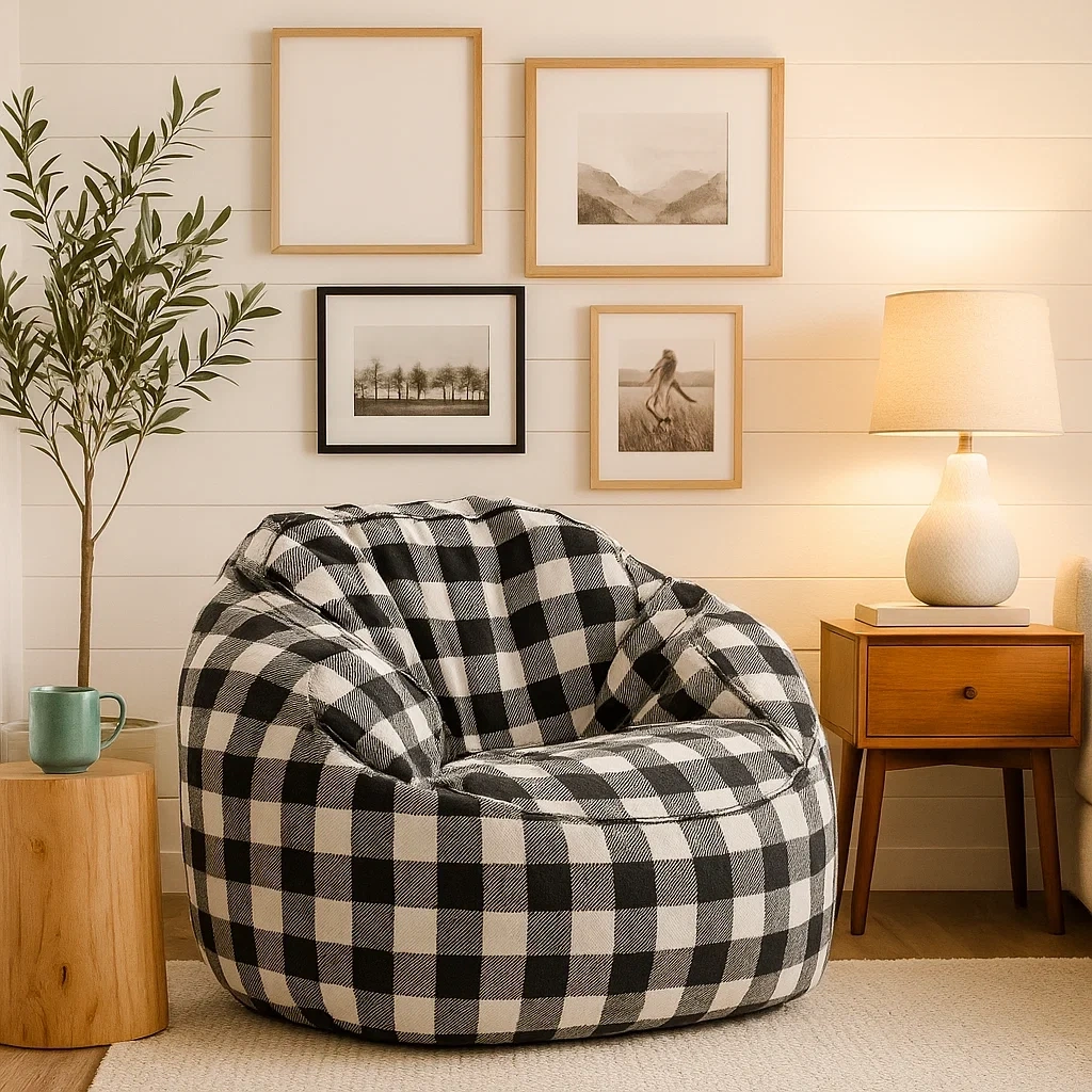 fauteuil poire en tissu à carreaux