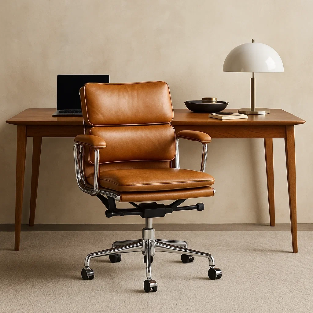 Chaise de bureau en cuir marron avec structure métallique chromée