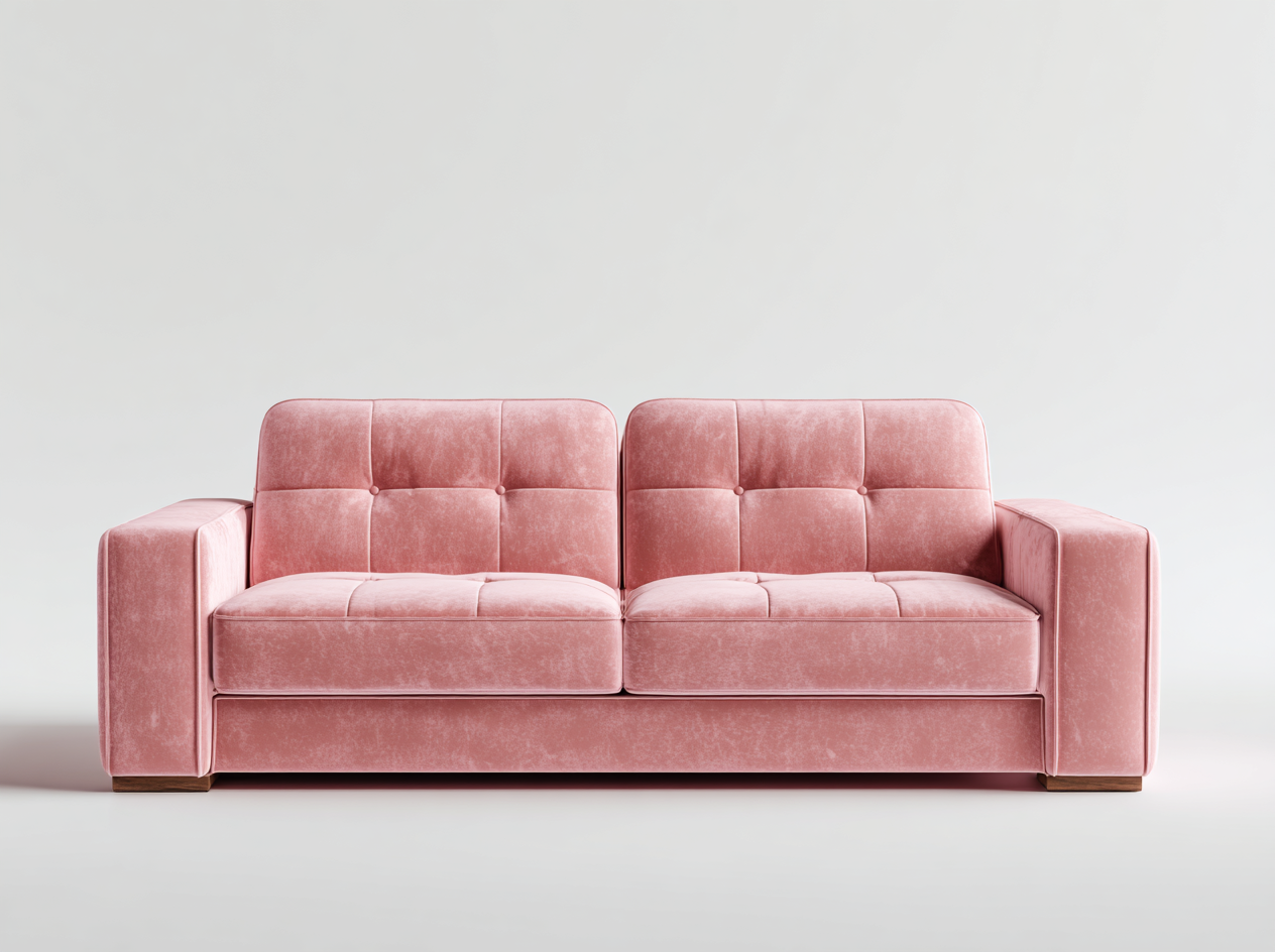 Canapé trois places en velours rose avec accoudoirs carrés