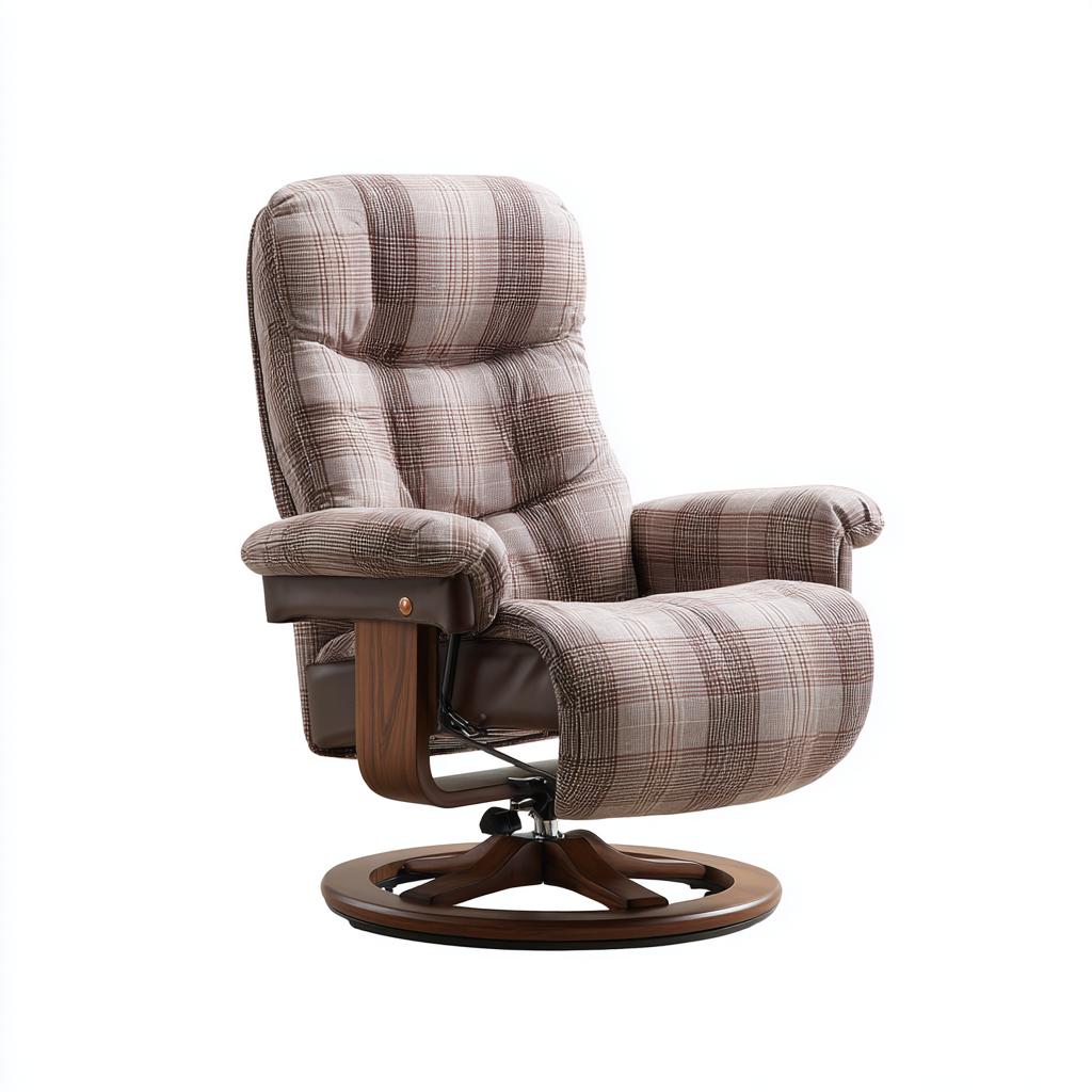 Fauteuil inclinable pivotant en tissu à carreaux avec base en bois