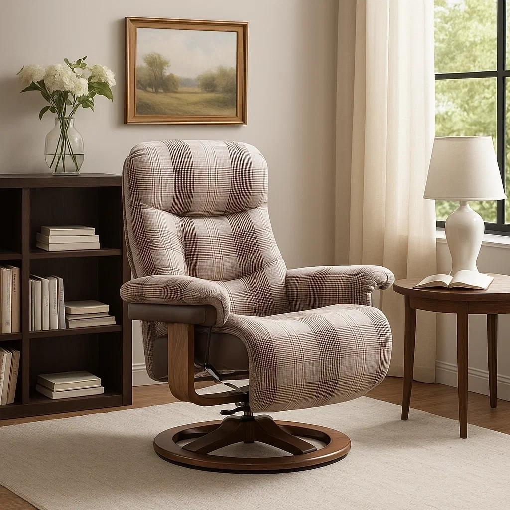 Fauteuil inclinable pivotant en tissu à carreaux avec base en bois