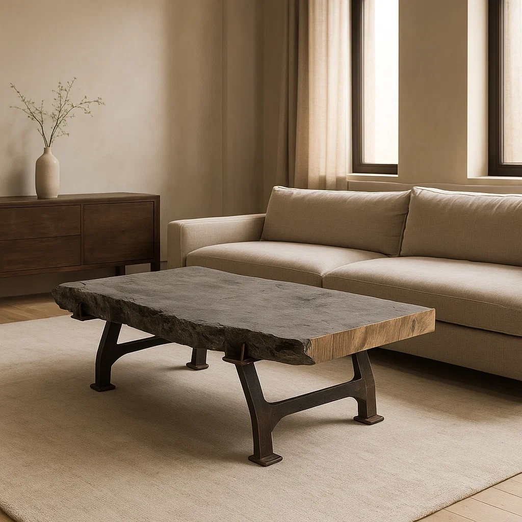 Table basse industrielle en pierre brute avec pieds en métal