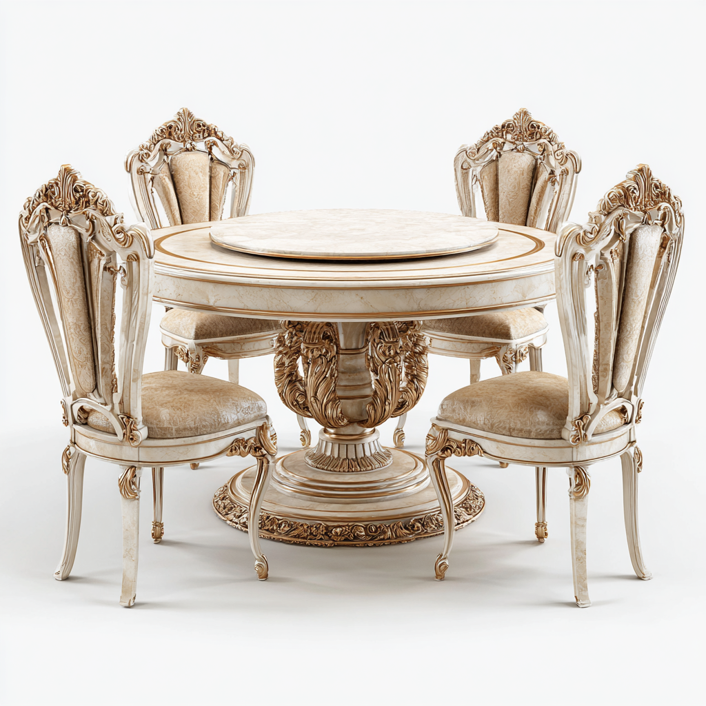 Ensemble de salle à manger ronde en marbre avec 4 chaises sculptées style baroque