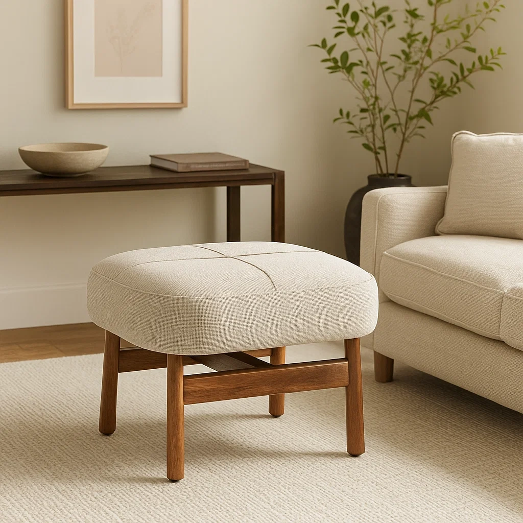 Tabouret en bois avec assise rembourrée en tissu