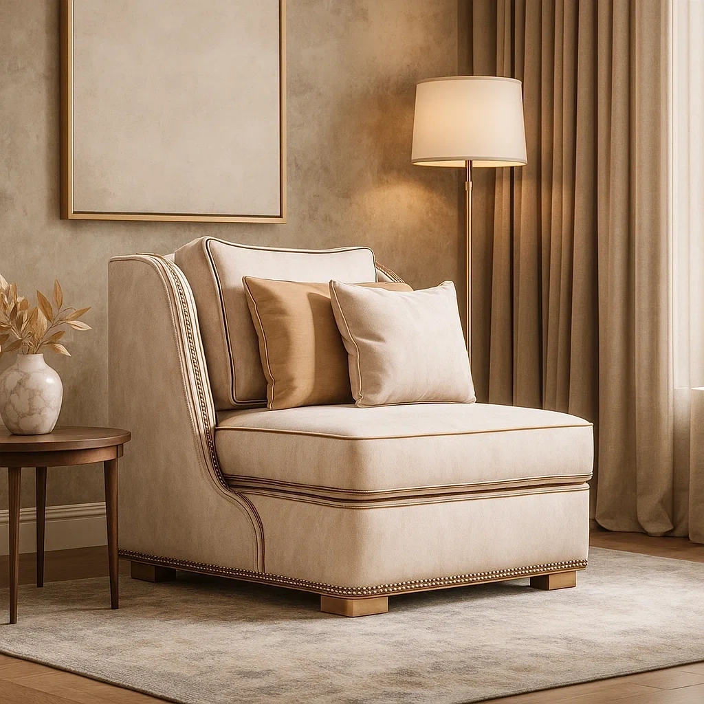 Fauteuil moderne en tissu beige avec coussins décoratifs