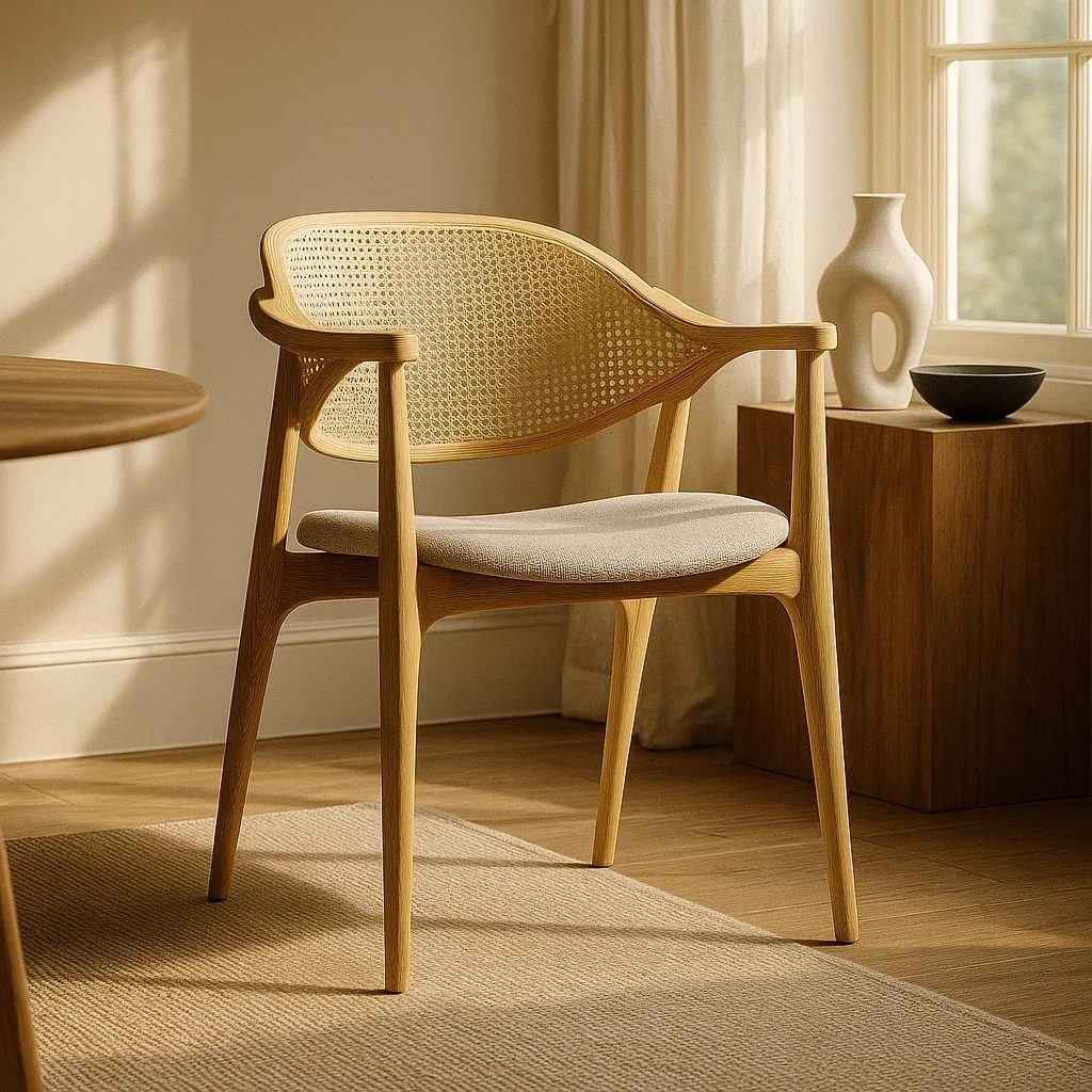 Chaise de salle à manger moderne en bois clair avec coussins en tissu beige