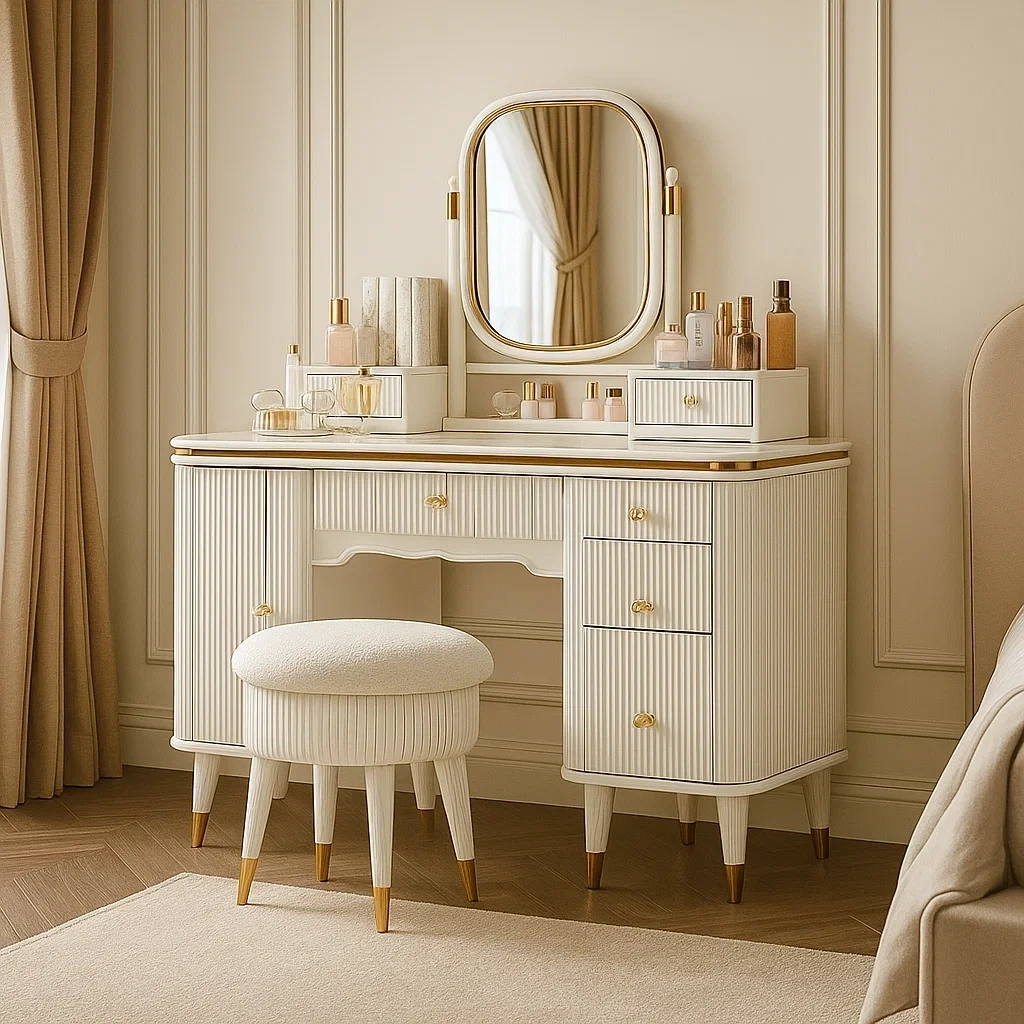 Bureau-coiffeuse élégante blanche avec miroir et tabouret