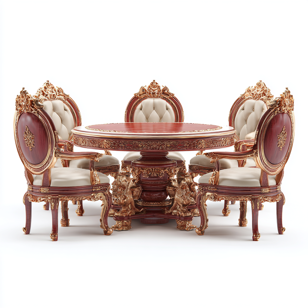 Ensemble de salle à manger ronde en bois sculpté avec 4 chaises royales