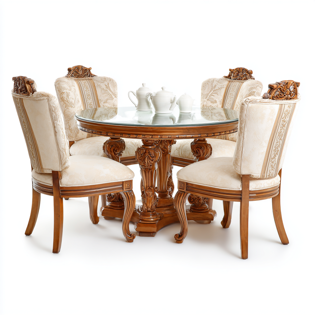 Ensemble de salle à manger ronde en bois sculpté avec plateau en verre et 4 chaises rembourrées