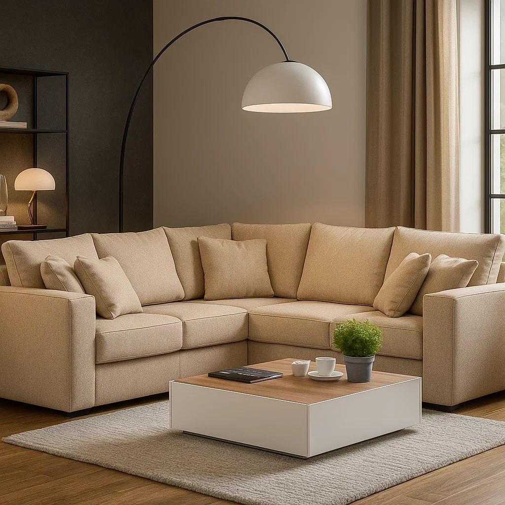 Canapé d'angle moderne avec accoudoirs et table basse