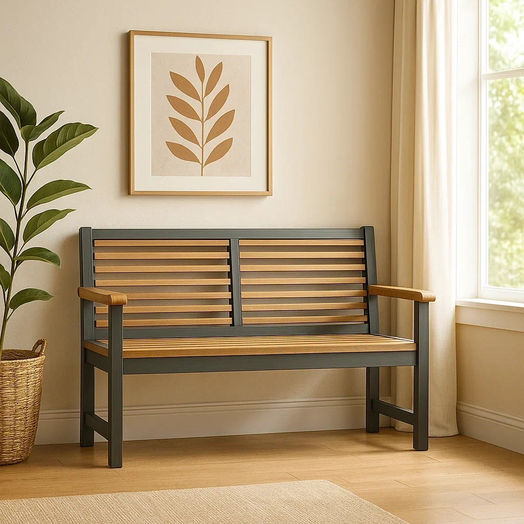 banc d’intérieur en bois à lattes avec accoudoirs