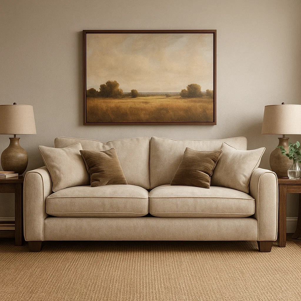 Canapé en tissu beige à trois places avec coussins