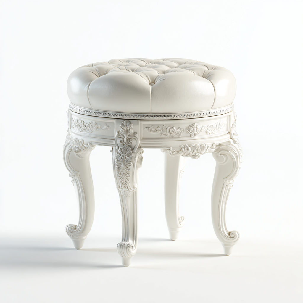 Tabouret rond de style européen en bois sculpté avec assise capitonnée