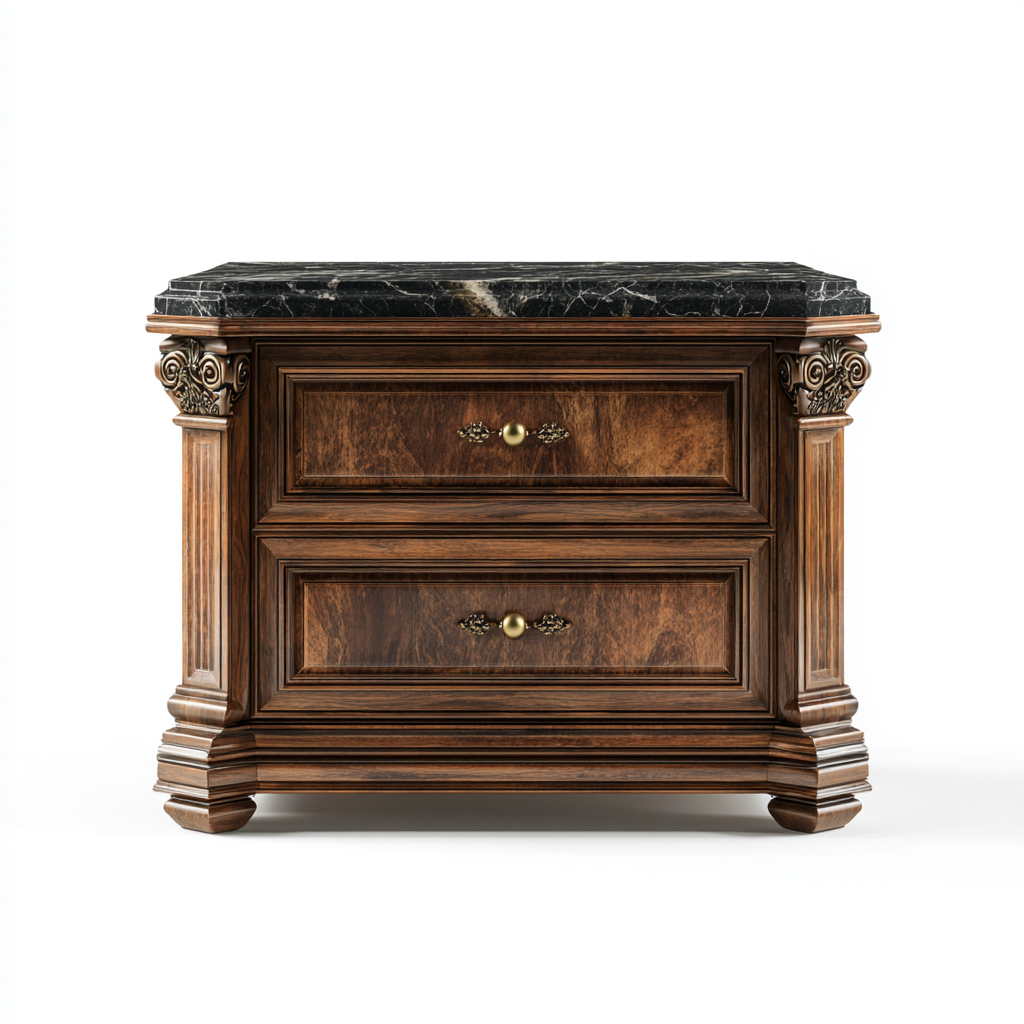 Table de chevet classique en bois avec dessus en marbre