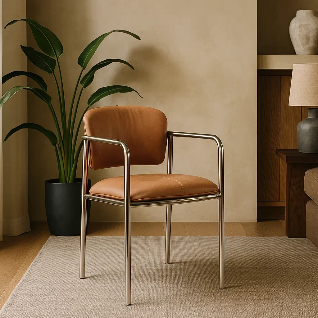 chaise de salle à manger avec accoudoirs en cuir et métal