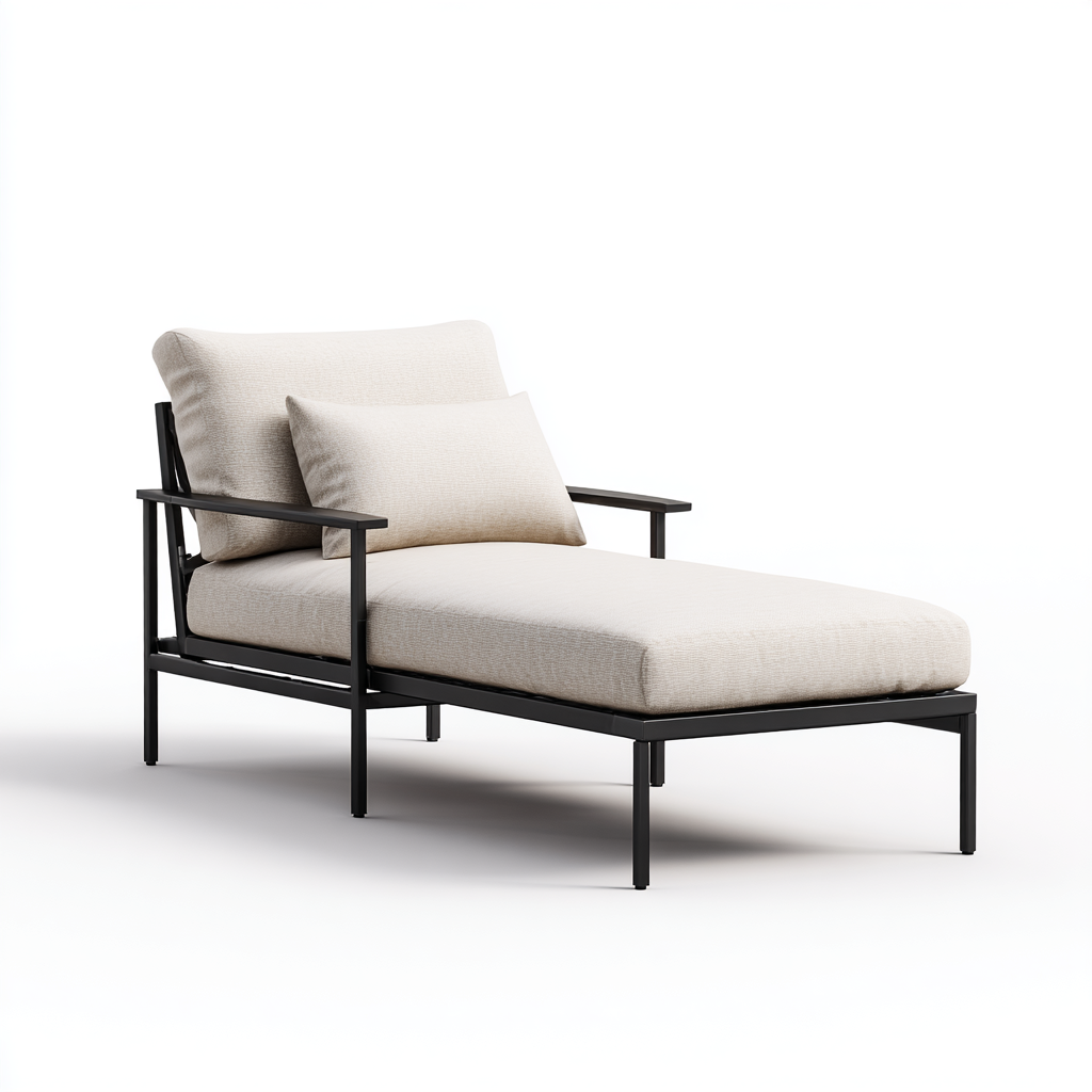 Chaise longue moderne avec structure en métal noir et coussins beiges