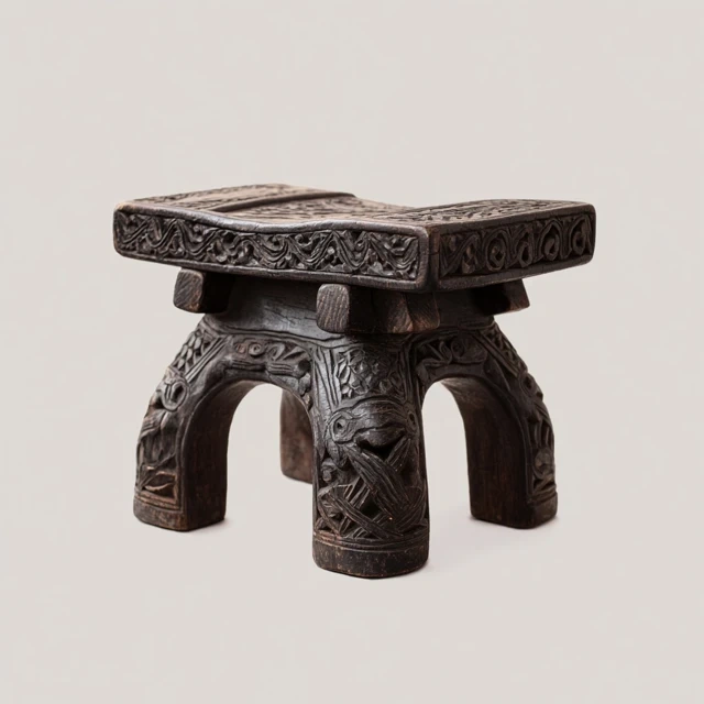 Tabouret artisanal en bois sculpté style traditionnel