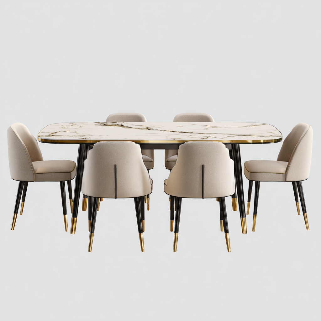 Ensemble de salle à manger moderne 7 pièces avec table rectangulaire en marbre et 6 chaises capitonnées
