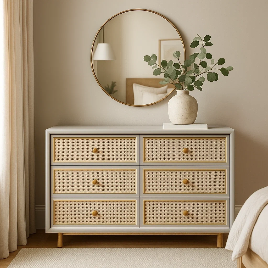 Commode en bois à six tiroirs avec façade en rotin