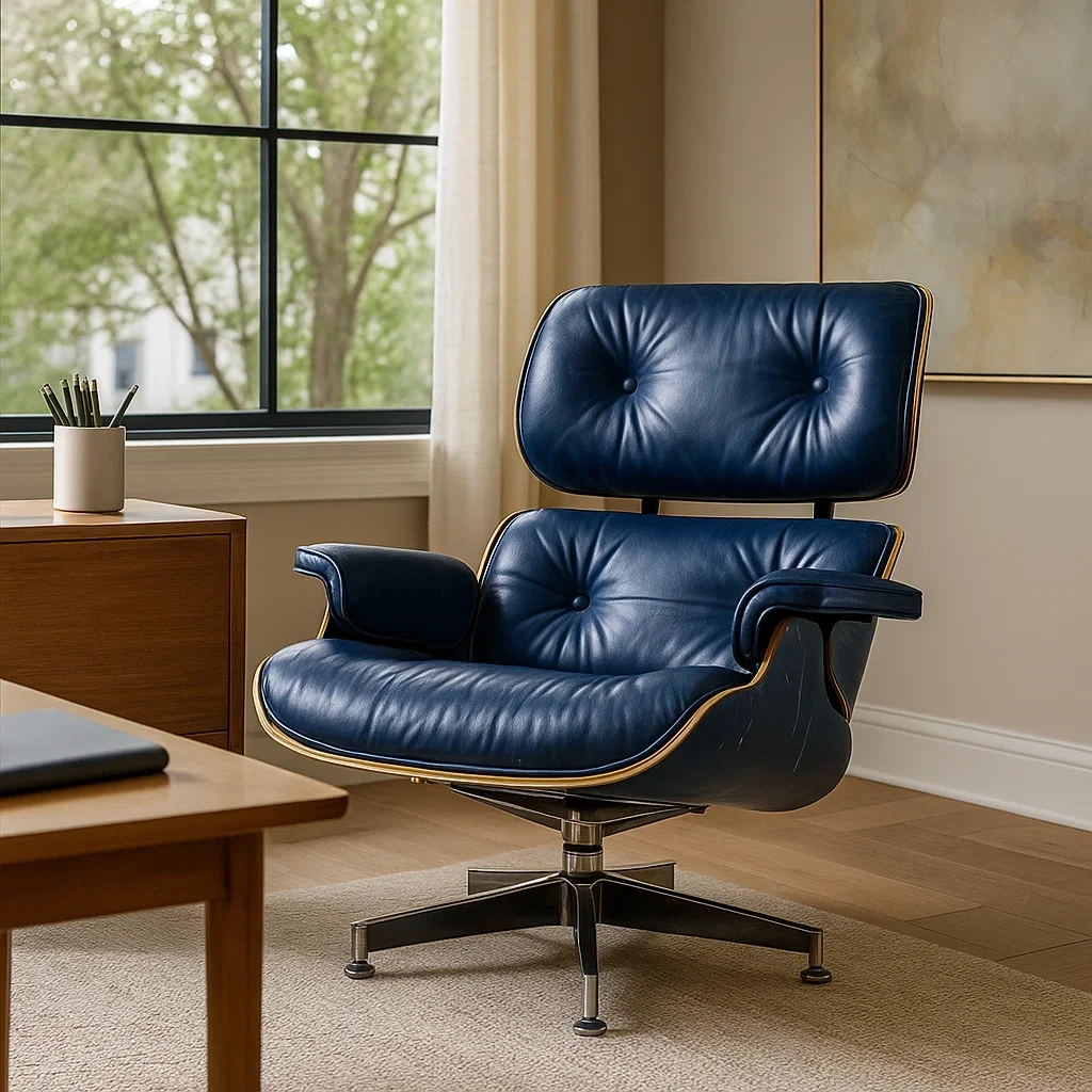 Fauteuil de bureau ergonomique en cuir bleu avec piètement en métal