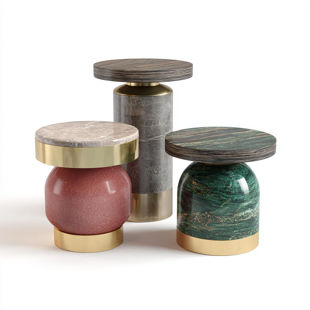 Tables basses modernes en marbre, bois et laiton (lot de 3)