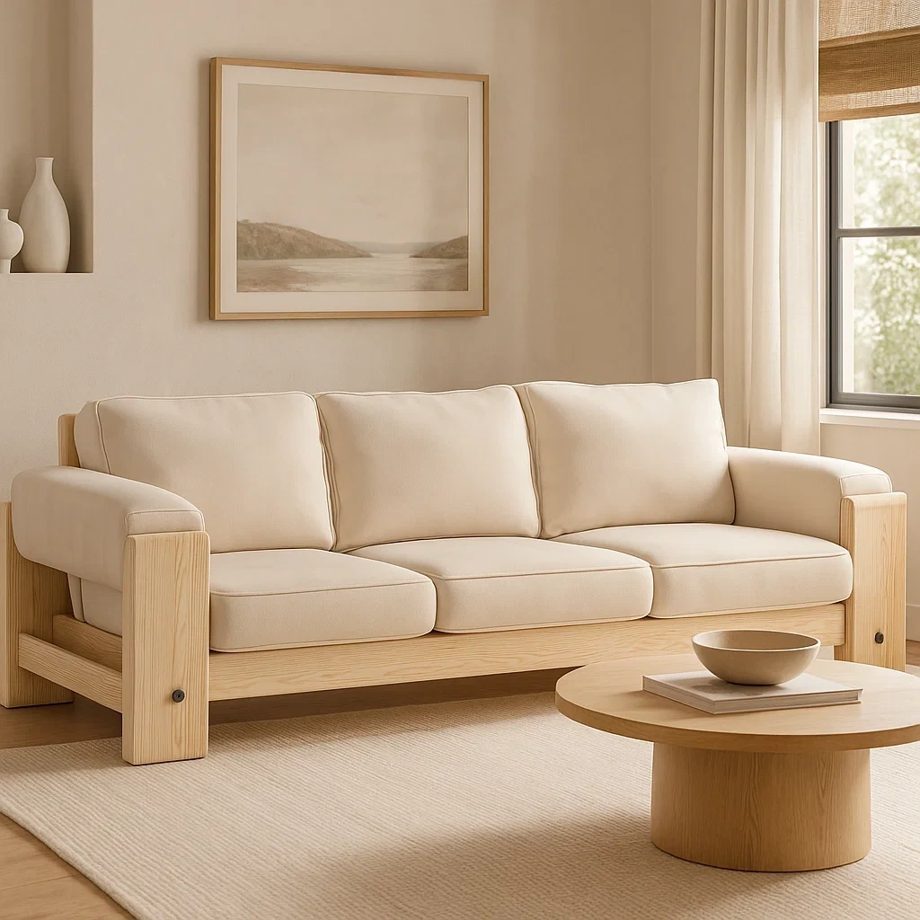 Canapé avec accoudoirs en bois et cuir