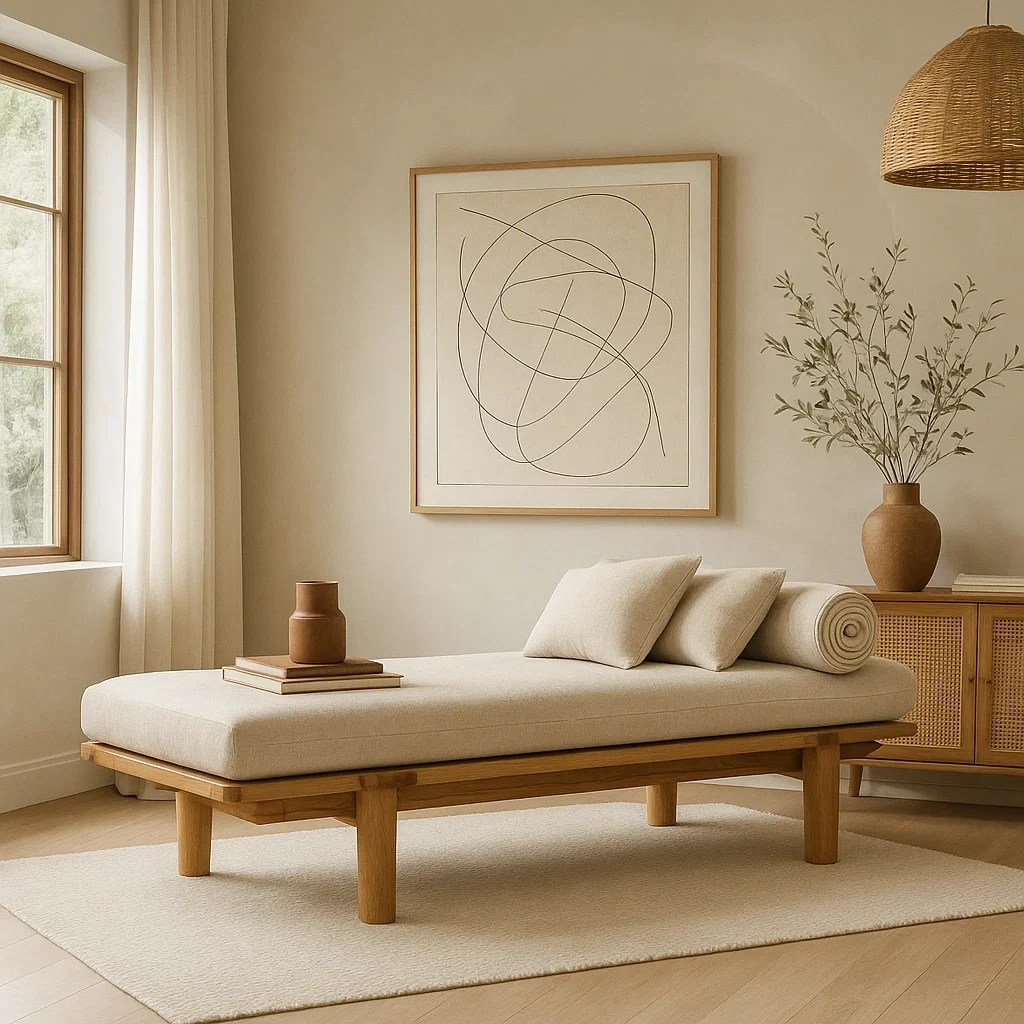 Banc minimaliste en chêne avec coussin en lin