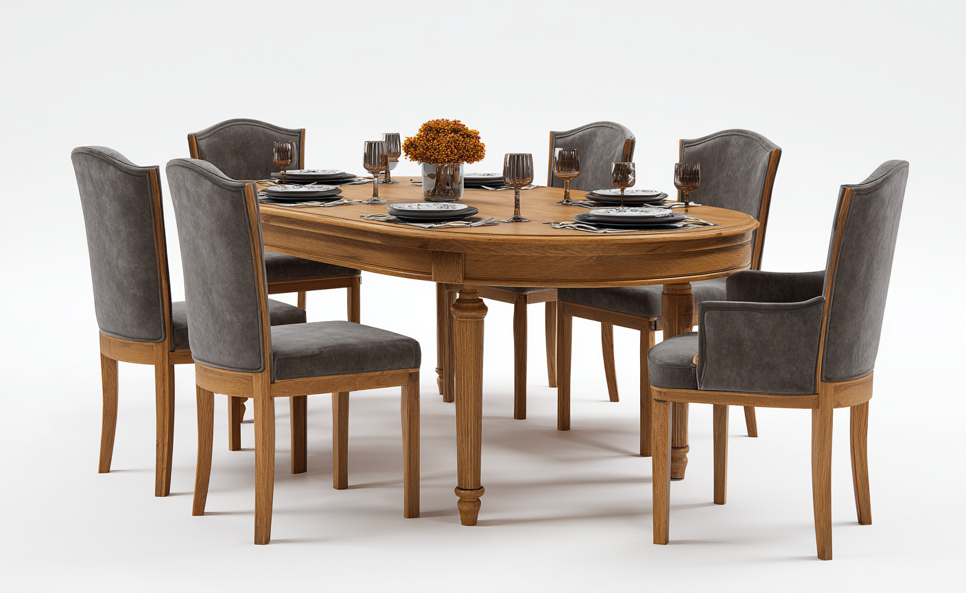 Ensemble de salle à manger ovale 7 pièces en bois massif avec chaises rembourrées en tissu gris
