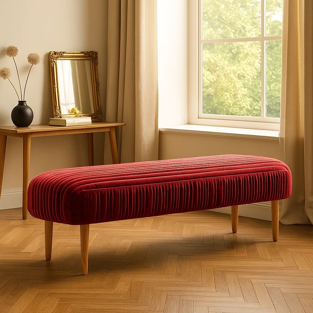 Banc rectangulaire en velours côtelé avec pieds en bois