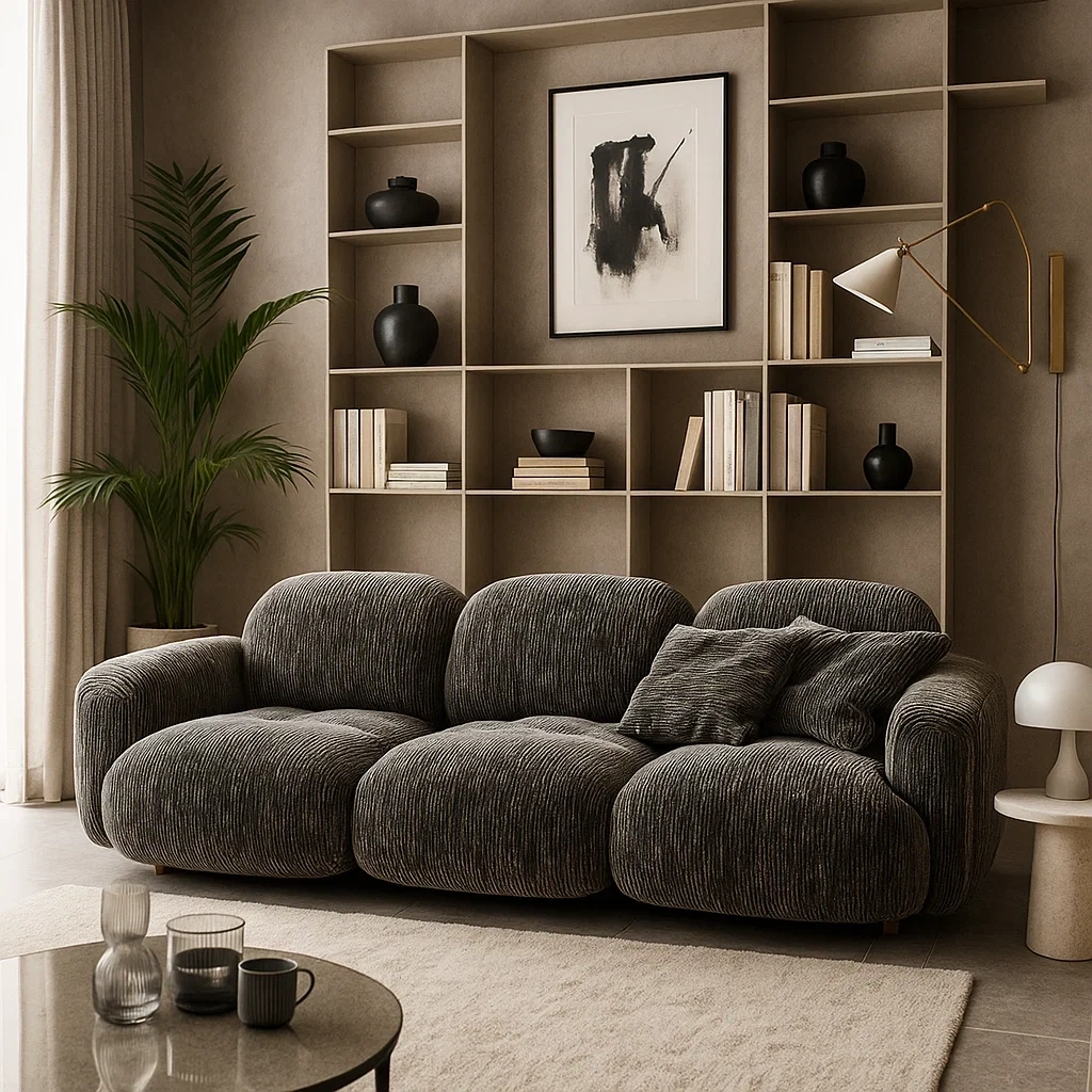 Grand canapé gris foncé avec accoudoirs surdimensionnés