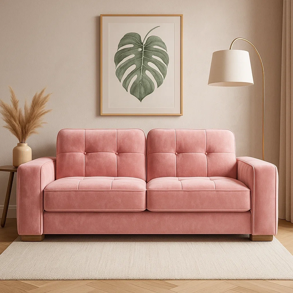 Canapé trois places en velours rose avec accoudoirs carrés