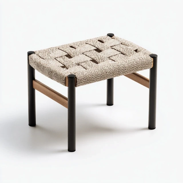 Tabouret en corde tressée avec structure en bois et métal