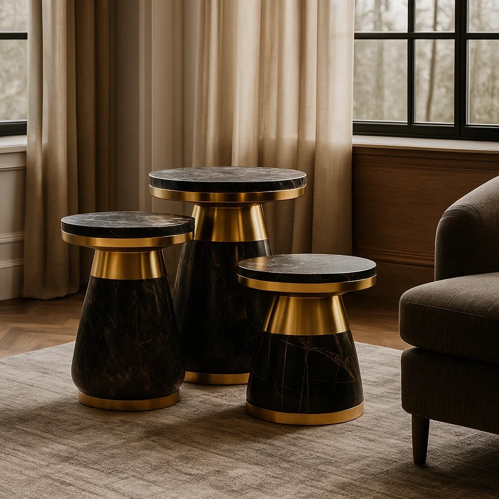 Ensemble de tables d appoint modernes en marbre noir avec détails dorés