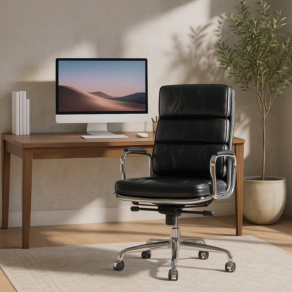 Chaise de bureau moderne en cuir noir avec structure métallique chromée