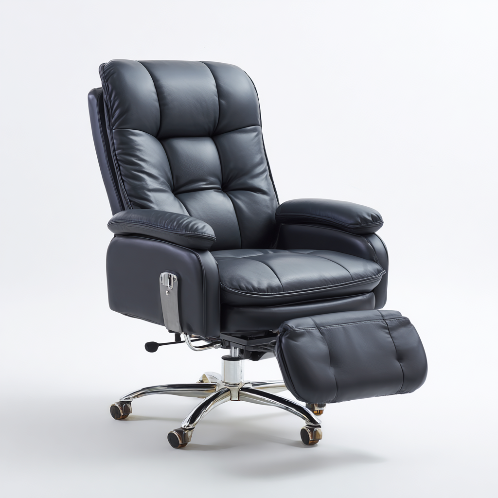 Chaise longue de bureau en cuir noir avec repose-pieds réglable