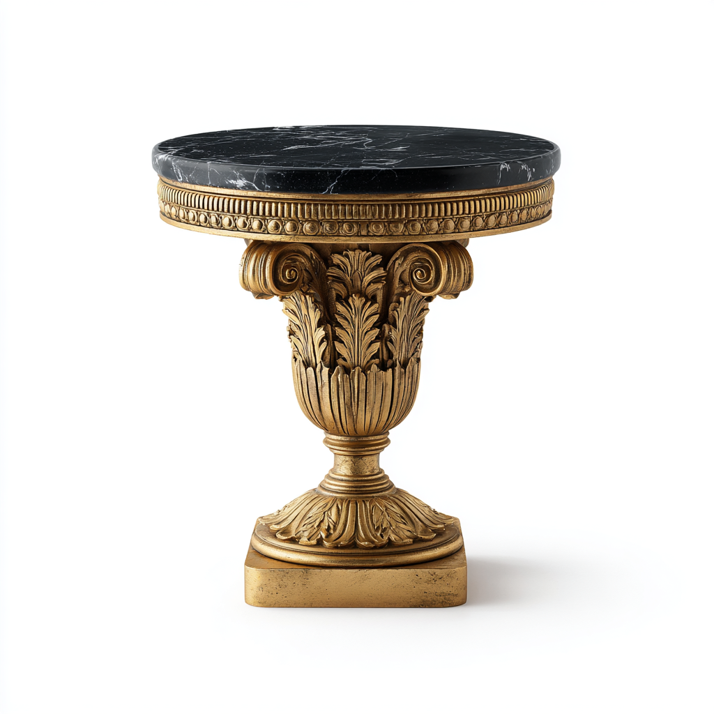 Table basse ronde en marbre noir et base dorée sculptée