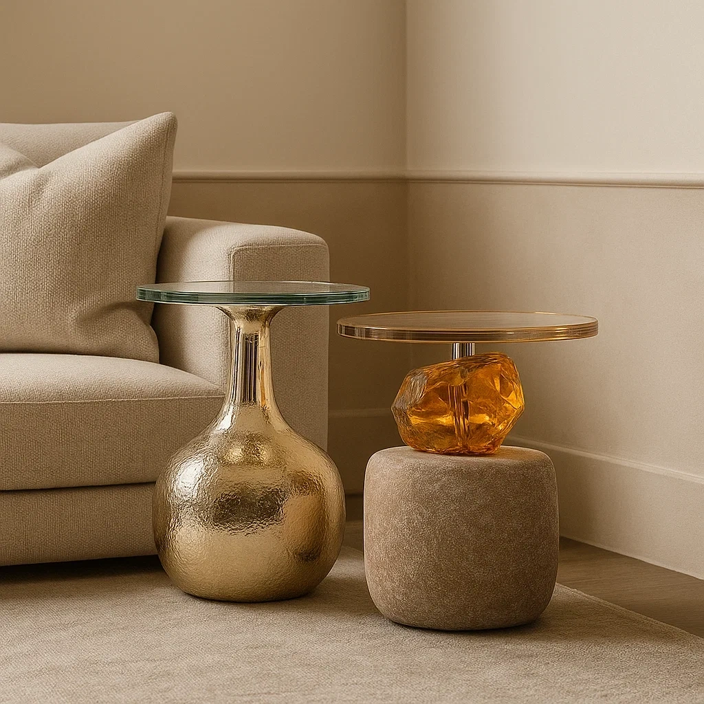 Tables basses design en métal martelé et pierre avec verre coloré (lot de 2)