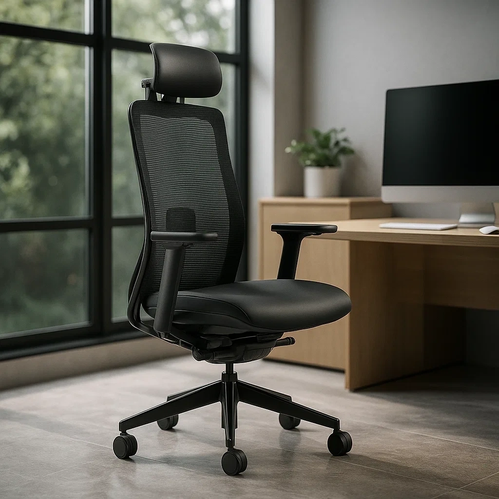 Chaise de bureau ergonomique en maille noire avec appui-tête réglable
