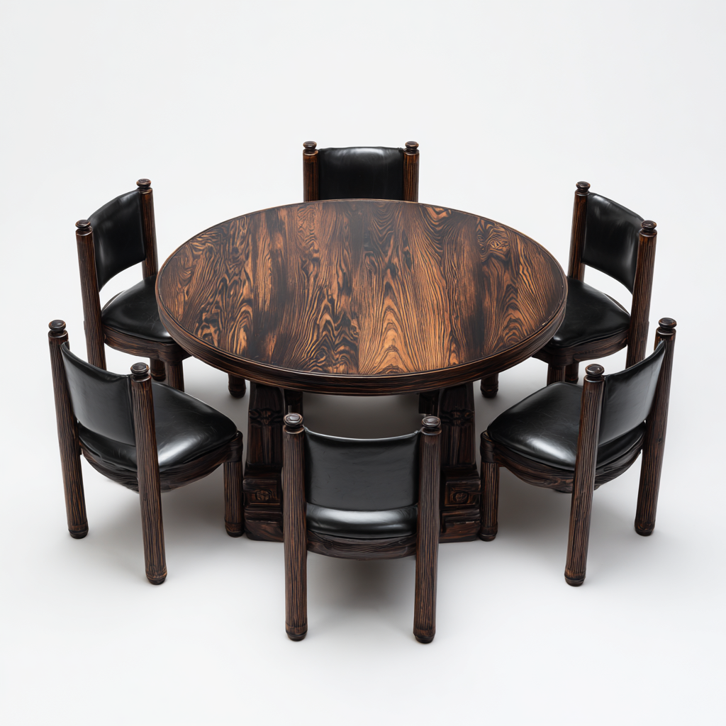 Ensemble de salle à manger rond 7 pièces en bois foncé avec chaises en cuir