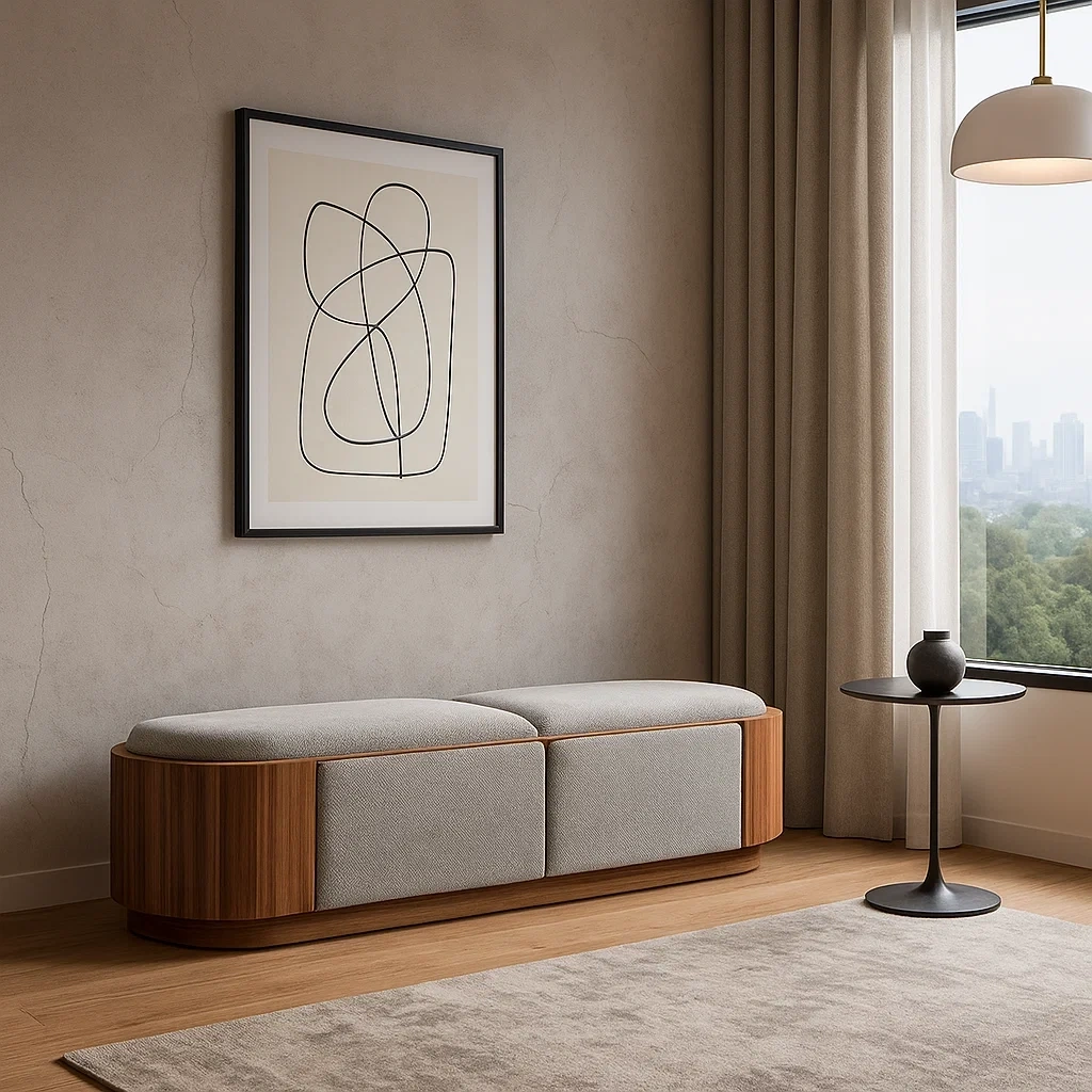 Banc long avec assise rembourrée et base en bois