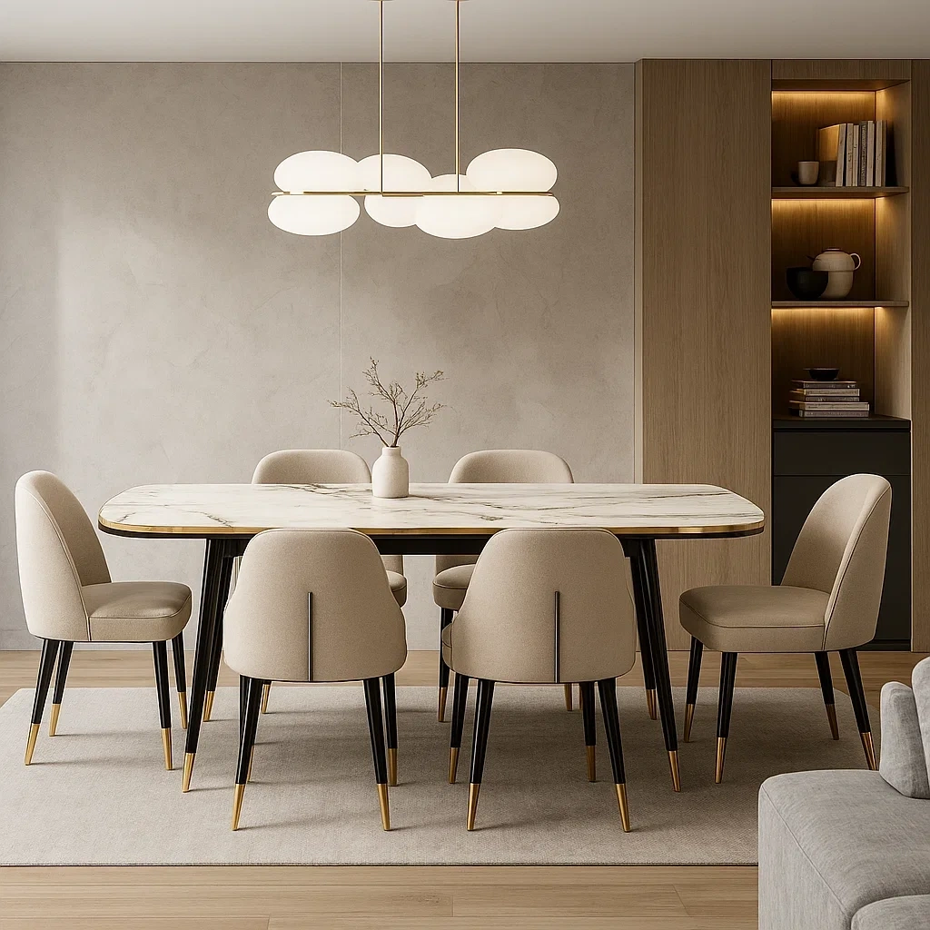 Ensemble de salle à manger moderne 7 pièces avec table rectangulaire en marbre et 6 chaises capitonnées