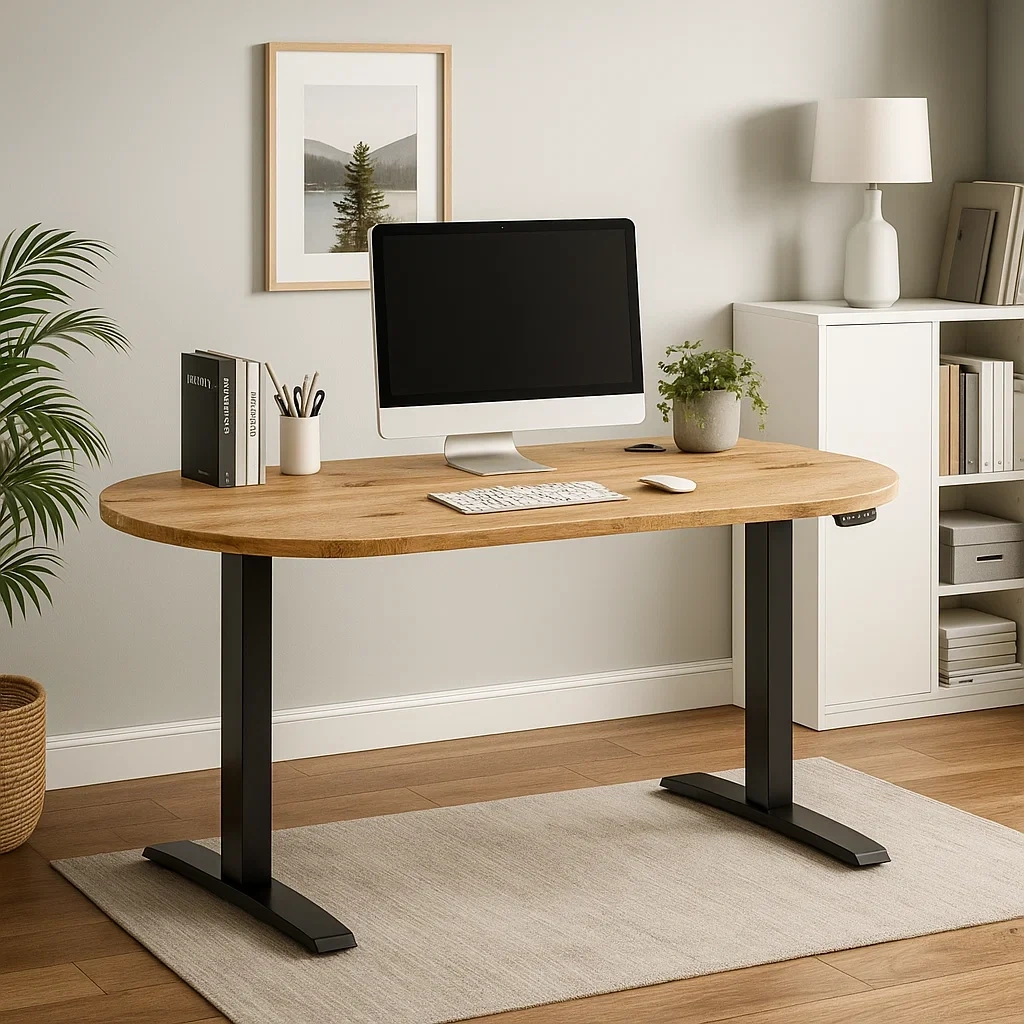 Bureau électrique réglable en hauteur avec plateau ovale en bois