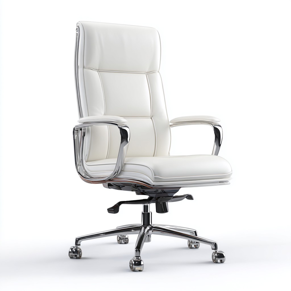 Chaise de bureau ergonomique haute dossier en cuir blanc avec structure chromée
