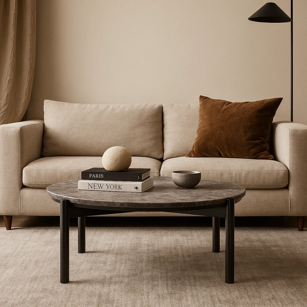 Table basse ronde avec plateau en marbre et pieds en métal noir